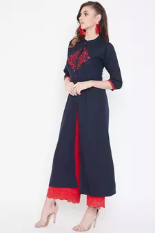 Navy blue embroidered rayon kurtas-and-kurtis
