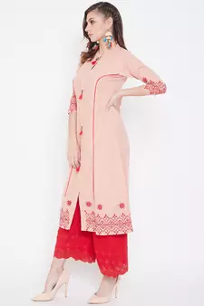 Peach embroidered cotton kurtas-and-kurtis