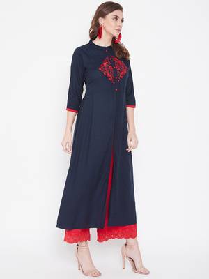Navy blue embroidered rayon kurtas-and-kurtis 4
