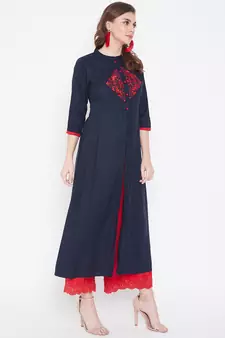 Navy blue embroidered rayon kurtas-and-kurtis