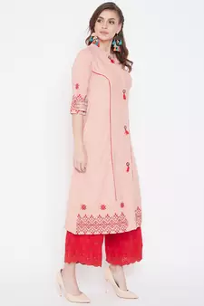 Peach embroidered cotton kurtas-and-kurtis