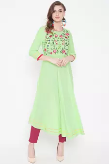 Green embroidered rayon kurtas-and-kurtis