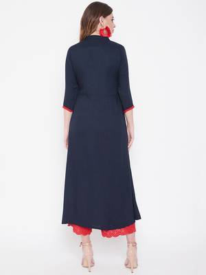 Navy blue embroidered rayon kurtas-and-kurtis 5