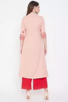 Peach embroidered cotton kurtas-and-kurtis