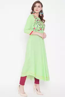 Green embroidered rayon kurtas-and-kurtis
