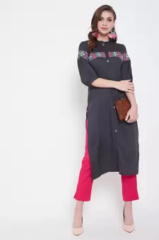 Grey embroidered rayon kurtas-and-kurtis