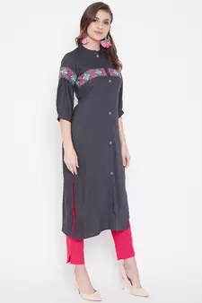 Grey embroidered rayon kurtas-and-kurtis