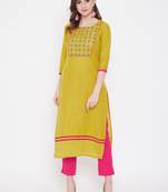 Mustard embroidered cotton kurtas-and-kurtis
