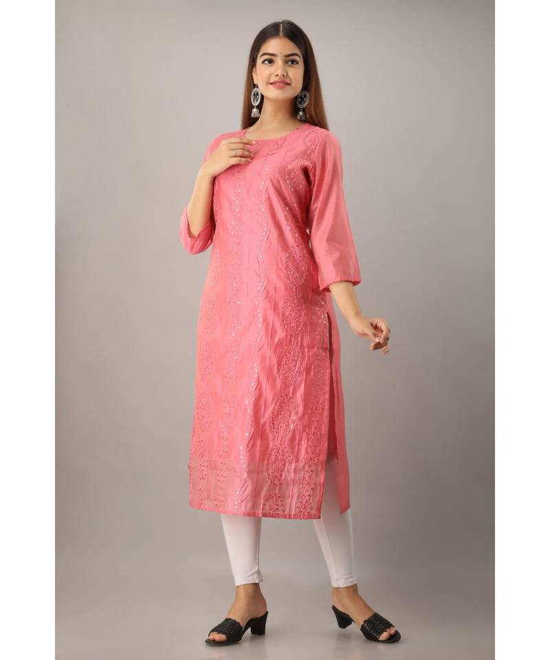 Women's  Peach Chanderi & Cotton Embroidered Straight Kurta