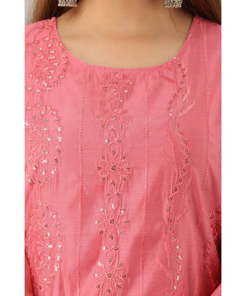 Women's  Peach Chanderi & Cotton Embroidered Straight Kurta
