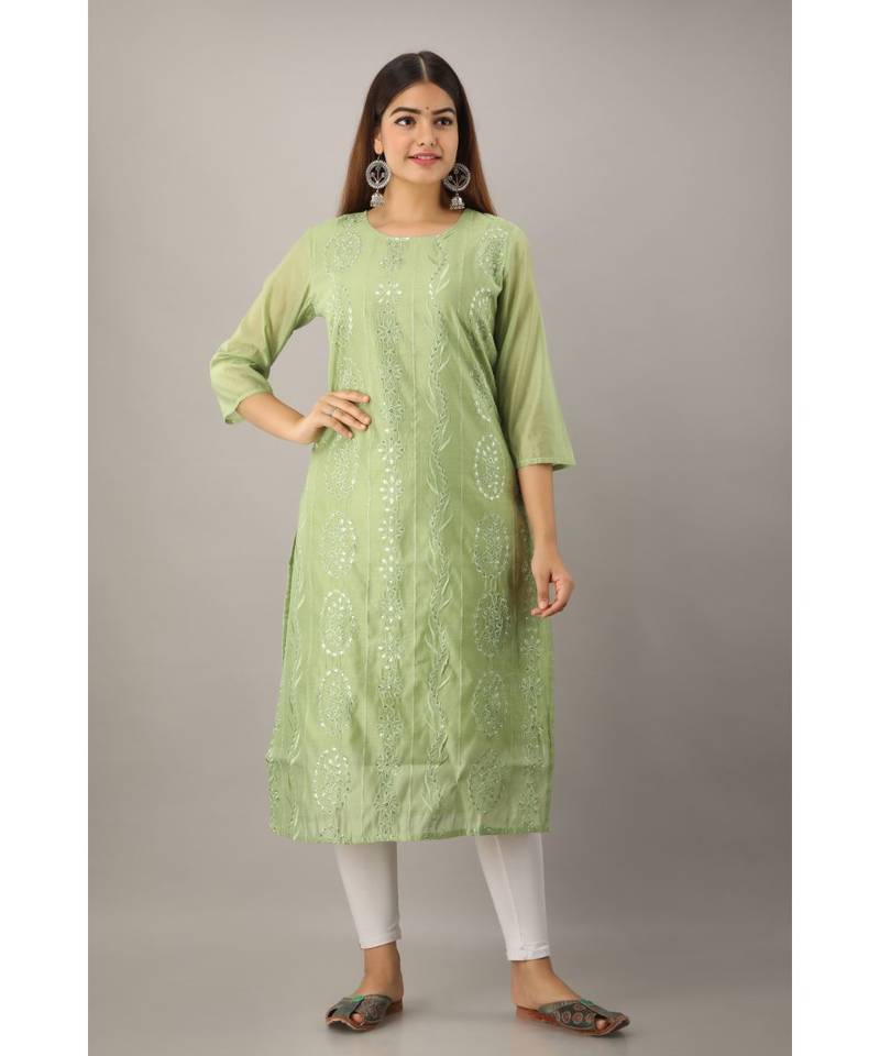 Women's  Pista Green Chanderi & Cotton Embroidered Straight Kurta