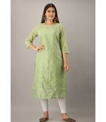 Women's  Pista Green Chanderi & Cotton Embroidered Straight Kurta
