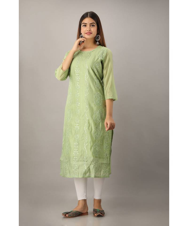 Women's  Pista Green Chanderi & Cotton Embroidered Straight Kurta