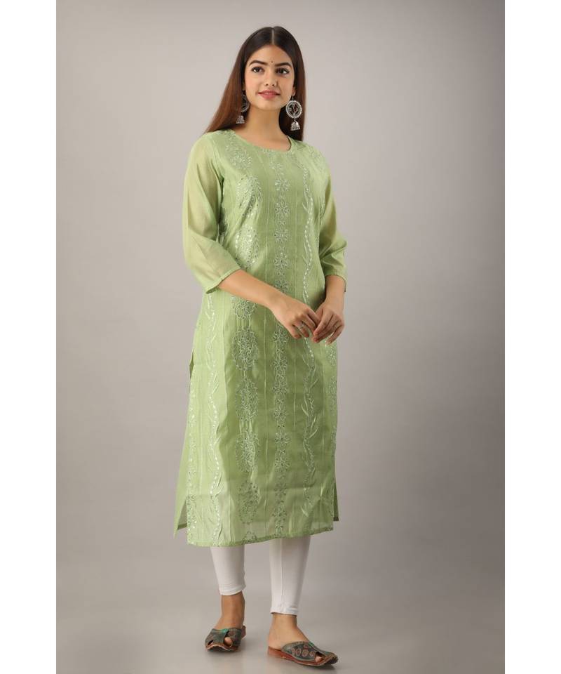 Women's  Pista Green Chanderi & Cotton Embroidered Straight Kurta