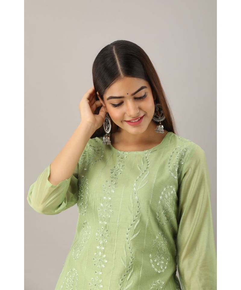 Women's  Pista Green Chanderi & Cotton Embroidered Straight Kurta