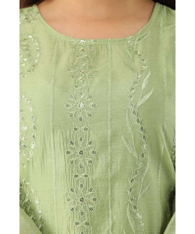 Women's  Pista Green Chanderi & Cotton Embroidered Straight Kurta