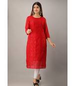 Women's  Red Chanderi & Cotton Embroidered Straight Kurta