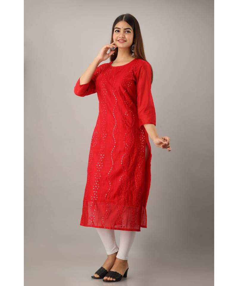 Women's  Red Chanderi & Cotton Embroidered Straight Kurta