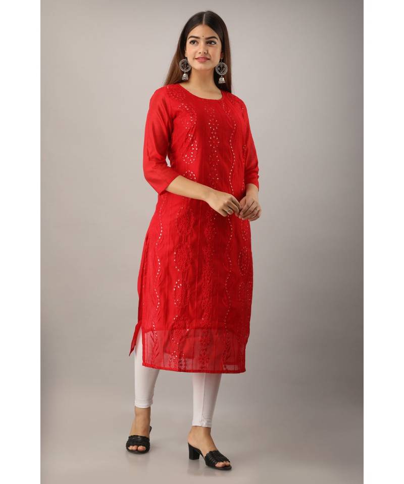 Women's  Red Chanderi & Cotton Embroidered Straight Kurta