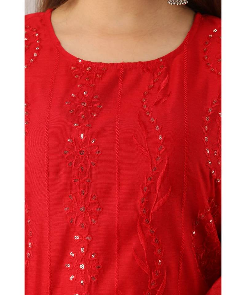 Women's  Red Chanderi & Cotton Embroidered Straight Kurta