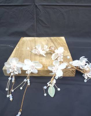 Beautiful 1 Pc White and Golden Bridal Flower Hair Accessory with Earrings for women and Girls 4