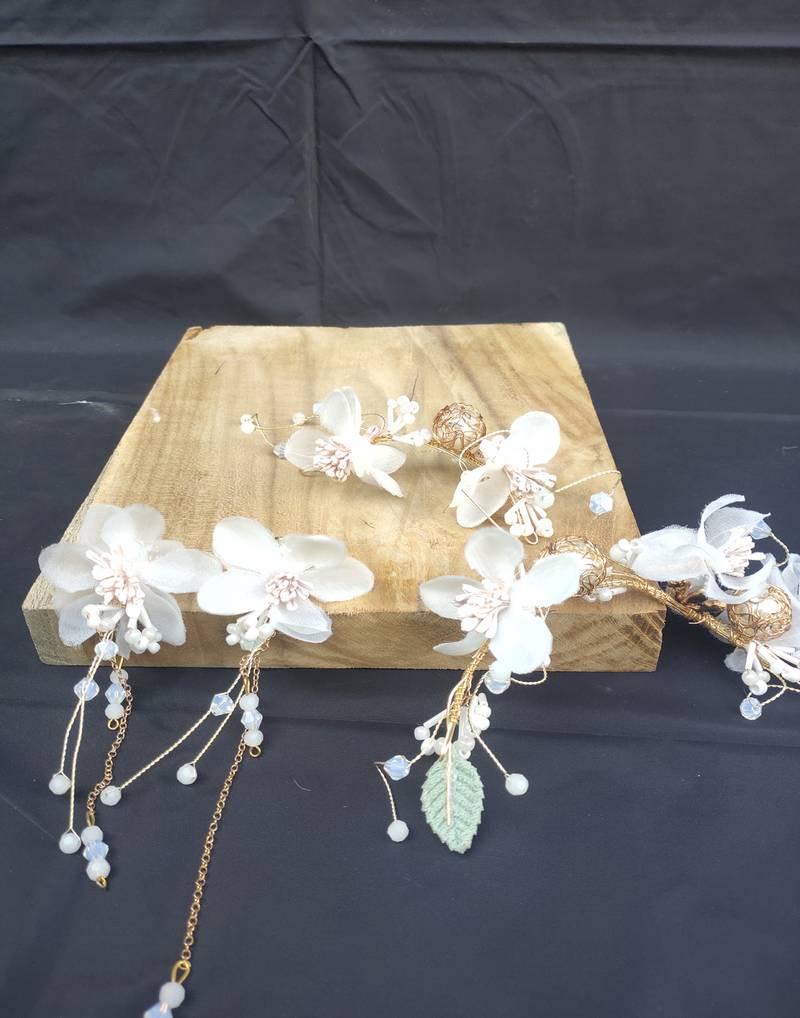 Beautiful 1 Pc White and Golden Bridal Flower Hair Accessory with Earrings for women and Girls