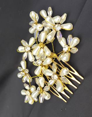 Beautiful 1 Pc White and Golden Bridal Flower Hair Accessory/ HeadPiece for Women and Girls 3