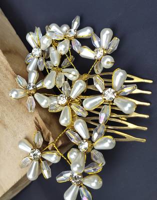 Beautiful 1 Pc White and Golden Bridal Flower Hair Accessory/ HeadPiece for Women and Girls 4