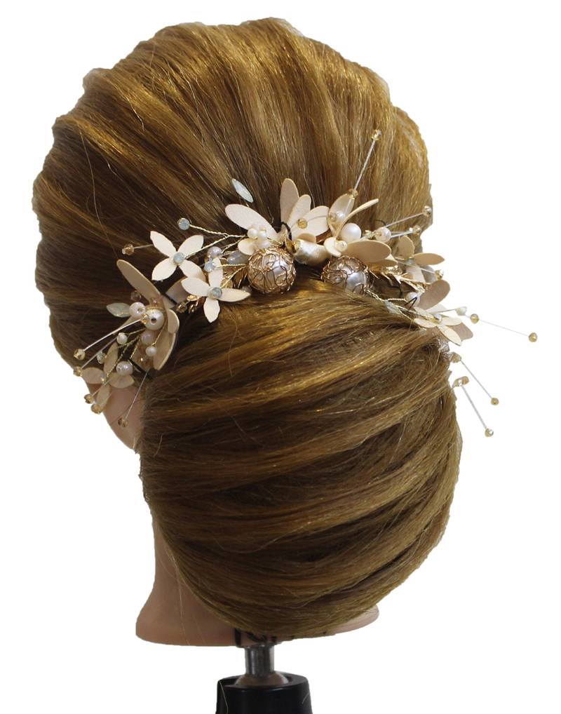 Beautiful 1 Pc Beige And Golden Bridal Flower Hair Accessory/ HeadPiece with Earrings for Women and Girls