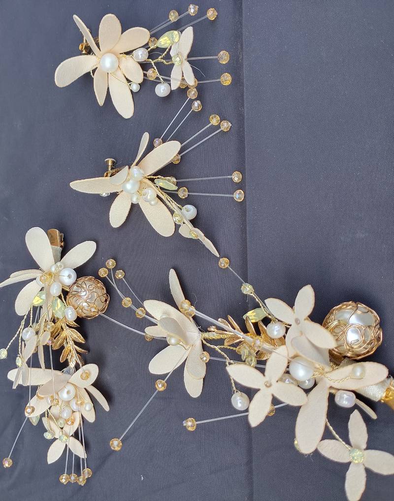 Beautiful 1 Pc Beige And Golden Bridal Flower Hair Accessory/ HeadPiece with Earrings for Women and Girls