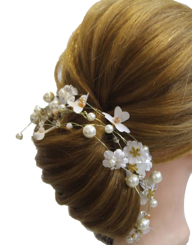 Beautiful 1 Pc White and Golden Bridal Flower Hair Accessory with Earrings for women and Girls