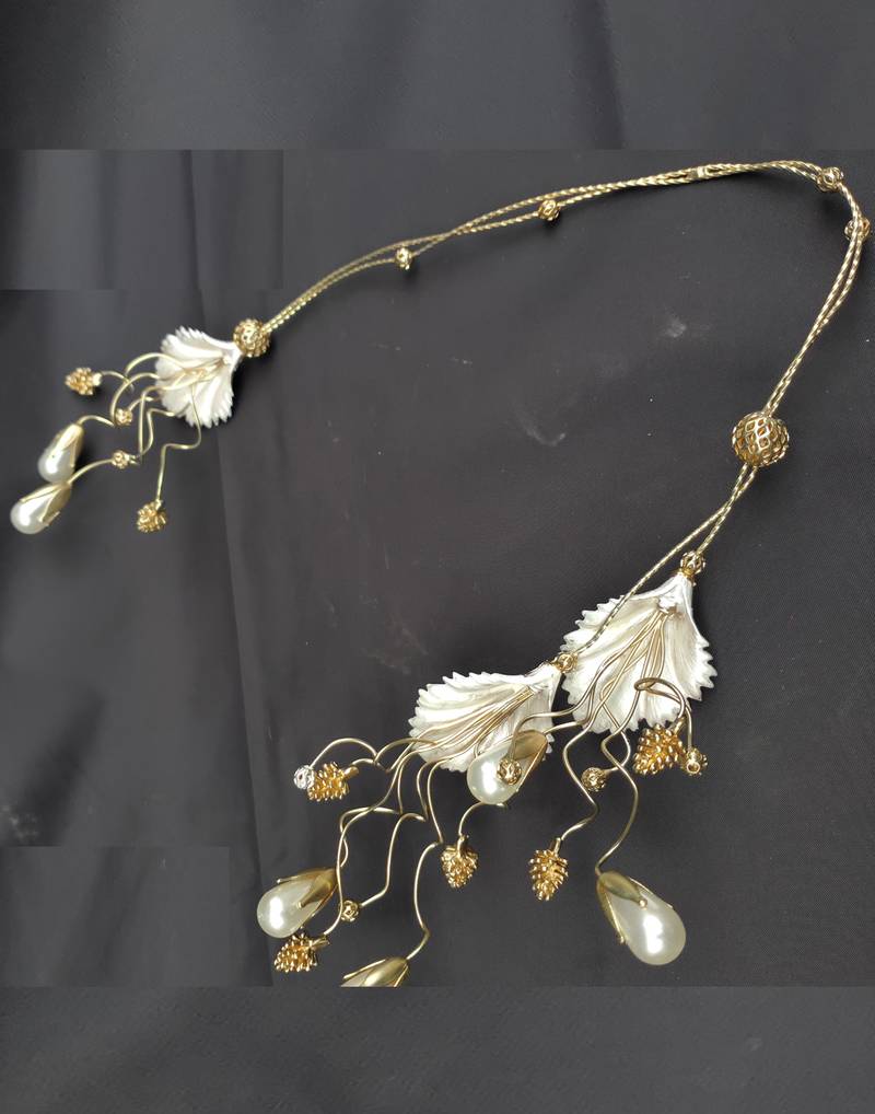 Beautiful 1 Pc White and Golden Bridal Flower Hair Accessory/ HeadPiece for Women and Girls