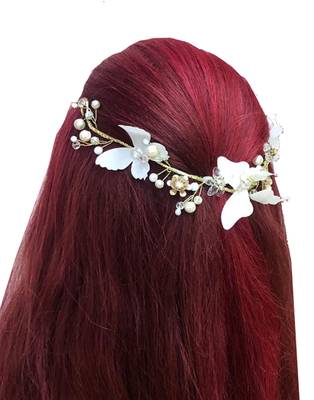 Beautiful 1 Pc White and Golden Bridal Flower Hair Accessory/ HeadPiece for Women and Girls 2