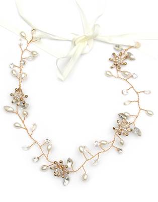 Beautiful 1 Pc White and Golden Bridal Flower Hair Accessory/ HeadPiece for Women and Girls 1