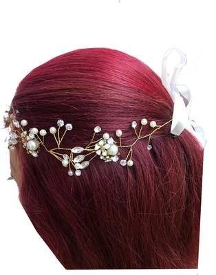 Beautiful 1 Pc White and Golden Bridal Flower Hair Accessory/ HeadPiece for Women and Girls 2