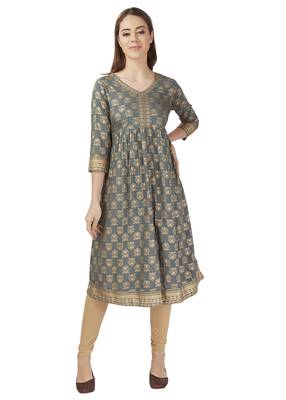 Grey Foil Print Flare Kurta 1
