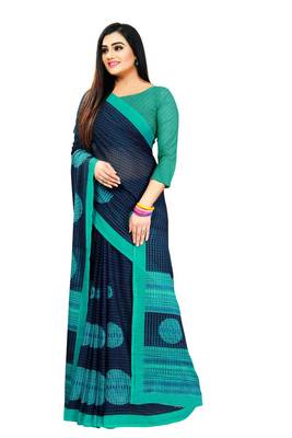 Navy blue printed georgette saree with blouse 3