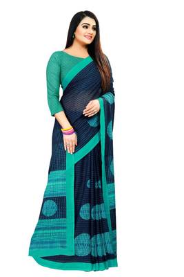 Navy blue printed georgette saree with blouse 4