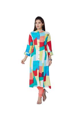 pretty women Multicolor Viscose 3/4th Sleeves Block Printed Women's Kurti 1