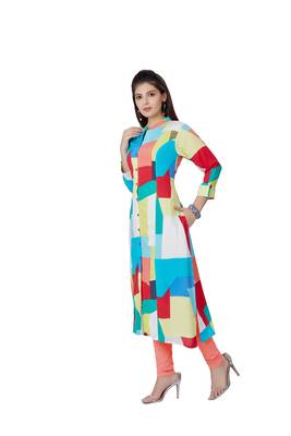 pretty women Multicolor Viscose 3/4th Sleeves Block Printed Women's Kurti 4