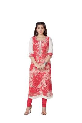 pretty women Peach Georgette 3/4th Sleeves Printed Women's Kurti 1