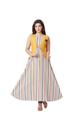 pretty women Yellow Linen 3/4th Sleeves Striped Print Women's Kurti 1