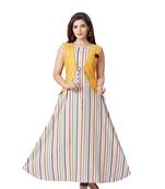pretty women Yellow Linen 3/4th Sleeves Striped Print Women's Kurti