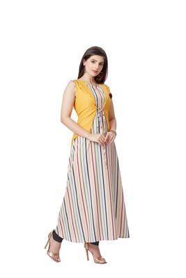 pretty women Yellow Linen 3/4th Sleeves Striped Print Women's Kurti 3