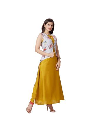 pretty women Yellow Linen 3/4th Sleeves Striped Print Women's Kurti 3