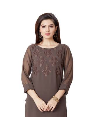 pretty women Brown Georgette 3/4th Sleeves Embroidered Women's kurta 1