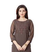 pretty women Brown Georgette 3/4th Sleeves Embroidered Women's kurta