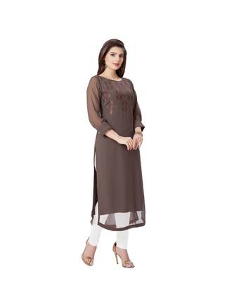 pretty women Brown Georgette 3/4th Sleeves Embroidered Women's kurta 3
