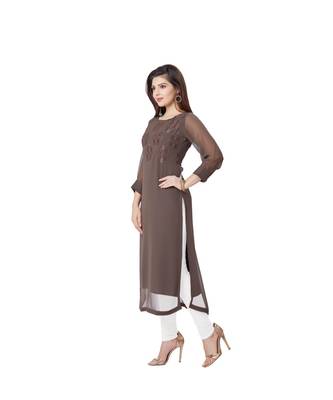 pretty women Brown Georgette 3/4th Sleeves Embroidered Women's kurta 4
