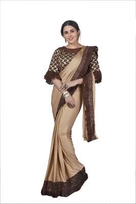 Beige brasso lycra saree with blouse 1